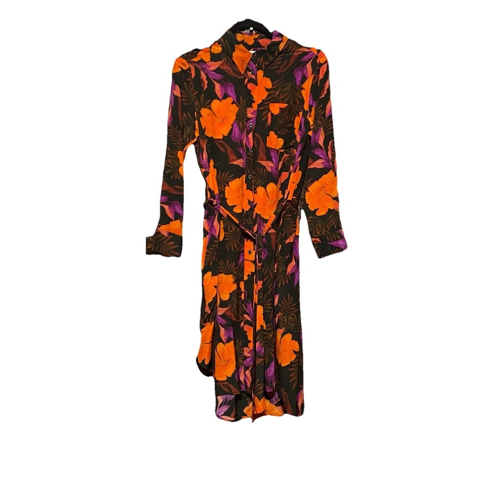 Ooshie Resort Wear Long Sleeve Button Up Shirt Dress 100% Silk Office Travel S